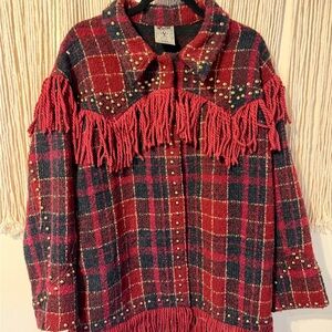 Plaid Red and Navy Fringe Jacket